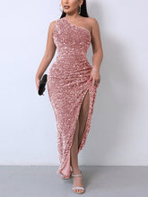 Sequin One Shoulder Slit Dresses