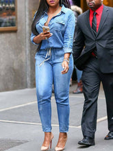 Denim Turndown Collar Jumpsuits