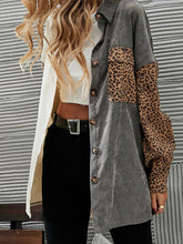 Gray Color Block Leopard Patched Corduroy Shacket