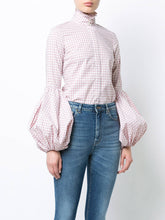 Plaid Turtleneck Puff Long Sleeve Shirt