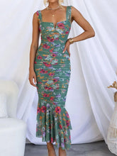 Sweetheart Neck Strap Printed Pleated Mesh Maxi Dress