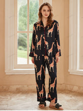 Giraffe Long-Sleeve Ice Silk Loungewear Set - Black