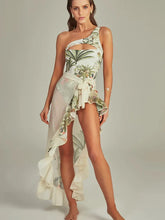 One-Shoulder Cutout Tropical Print Swimsuit