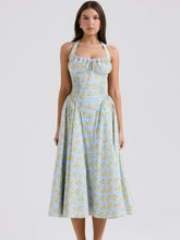 Soft Blue Vintage Floral Print Backless Tank Dress