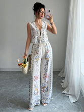 Tie-Up Vest & Wide-Leg Pants Set �Sky Blue Print