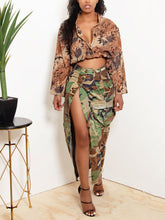 Camo Denim Button High Split Skirts