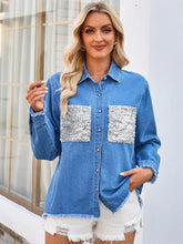 Loose Frayed Denim Shirt with Sequin Pocket