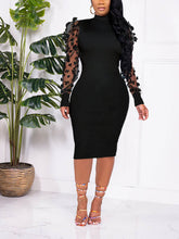 Mesh Puff Sleeve Ribbed Midi Dresses