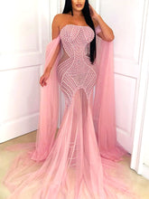 Pearl Rhinestone Tulle Prom Dresses