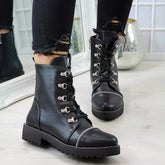 Black Lace-up Combat Boots With Zipper