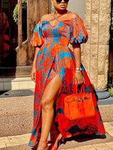 Print Puff Sleeve Slit Maxi Dresses