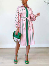 Striped Print Shirt Belted Dresses