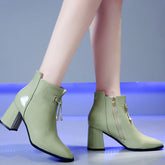 Pointed Toe Chunky Heels Ankle Boots With Zipper