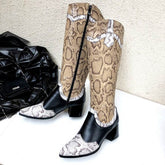 Snakeskin Print Pointed Toe Low Heels Boots