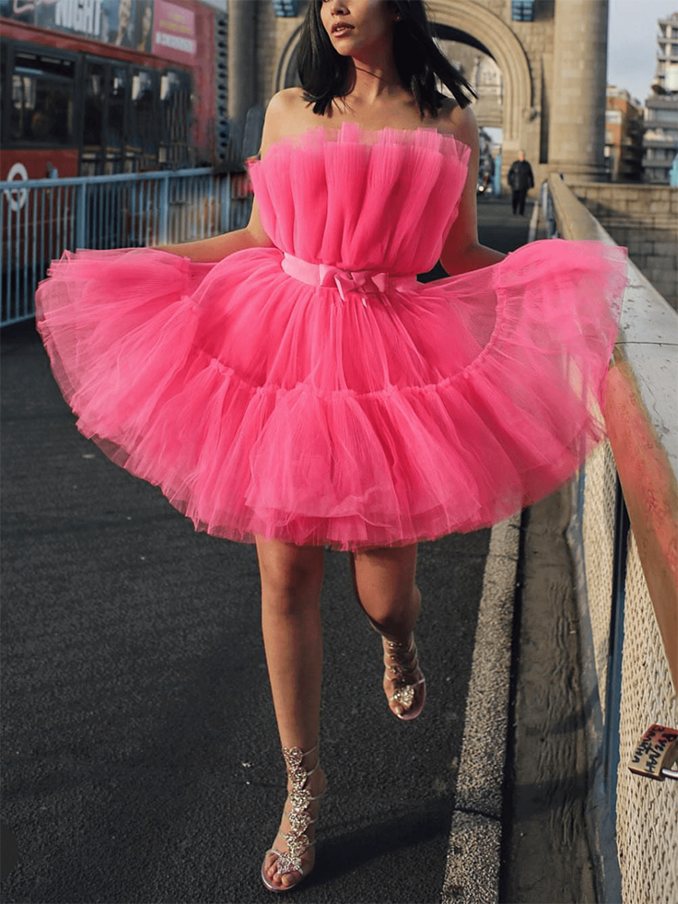 Bow Decor Layered Tulle Cocktail Dresses