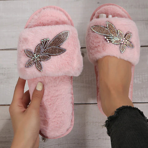 Rhinestone Fur Slippers