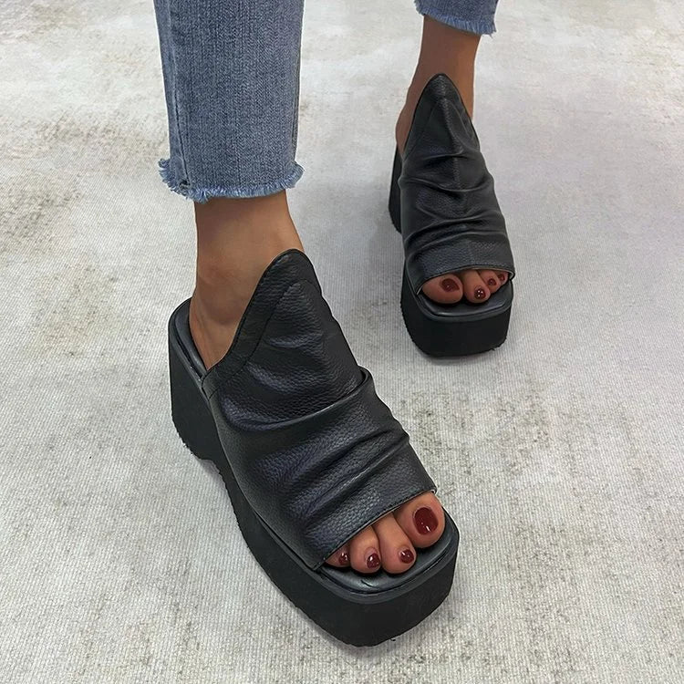 Ruched Square Toe Platform Slippers