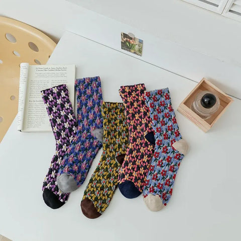 5 Pairs Autumn  Winter Women's Small Flower Stockings