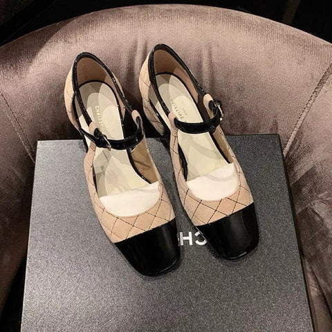 Women's Color-block Rhombic Square Toe Chunky Heel Shoes
