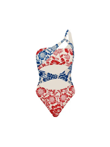 Red Blue Patchwork Ethnic Print Swimsuit