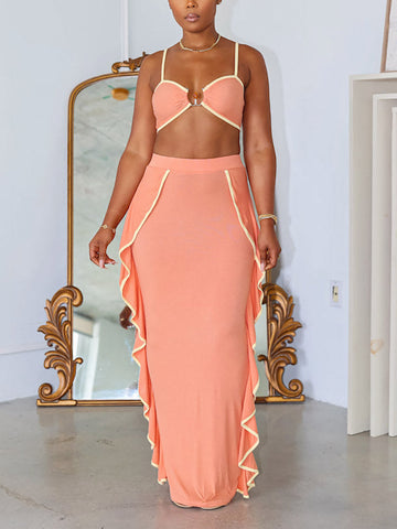 Ribbed Bralette Ruffle Trim Skirt Set