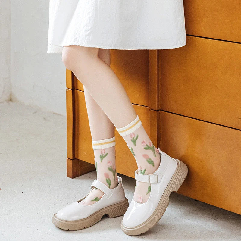 3 Pairs Tulip Pattern Women's Crystal Socks