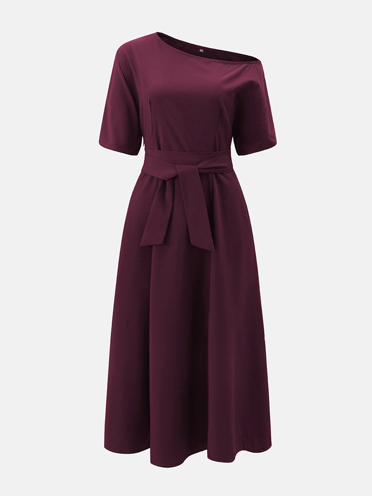 Oblique Neckline Half Sleeve Maxi Dresses
