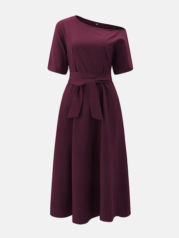 Oblique Neckline Half Sleeve Maxi Dresses