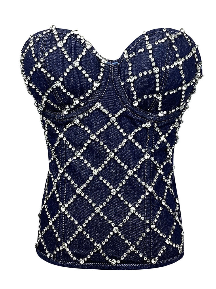 Rhinestone Denim Bustier Tops