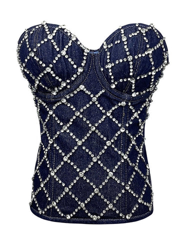 Rhinestone Denim Bustier Tops