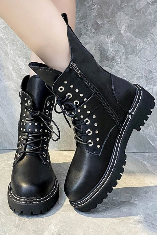 Black PU Lace-up Combat Boots With Rivet