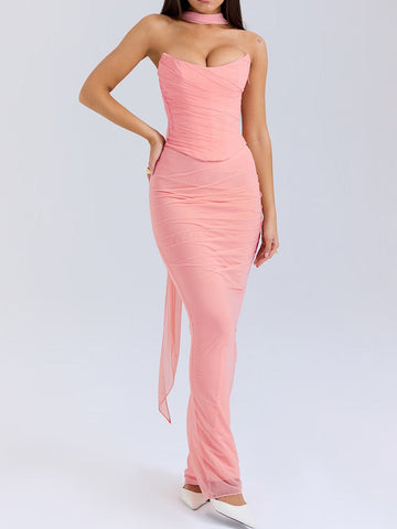 Pink Strapless Bodice and High Waist Skirt with Tie Set