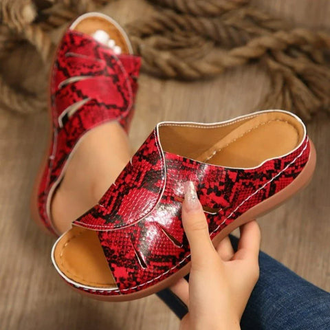 Hollow Snake Print  Wedge Fish Mouth Slippers