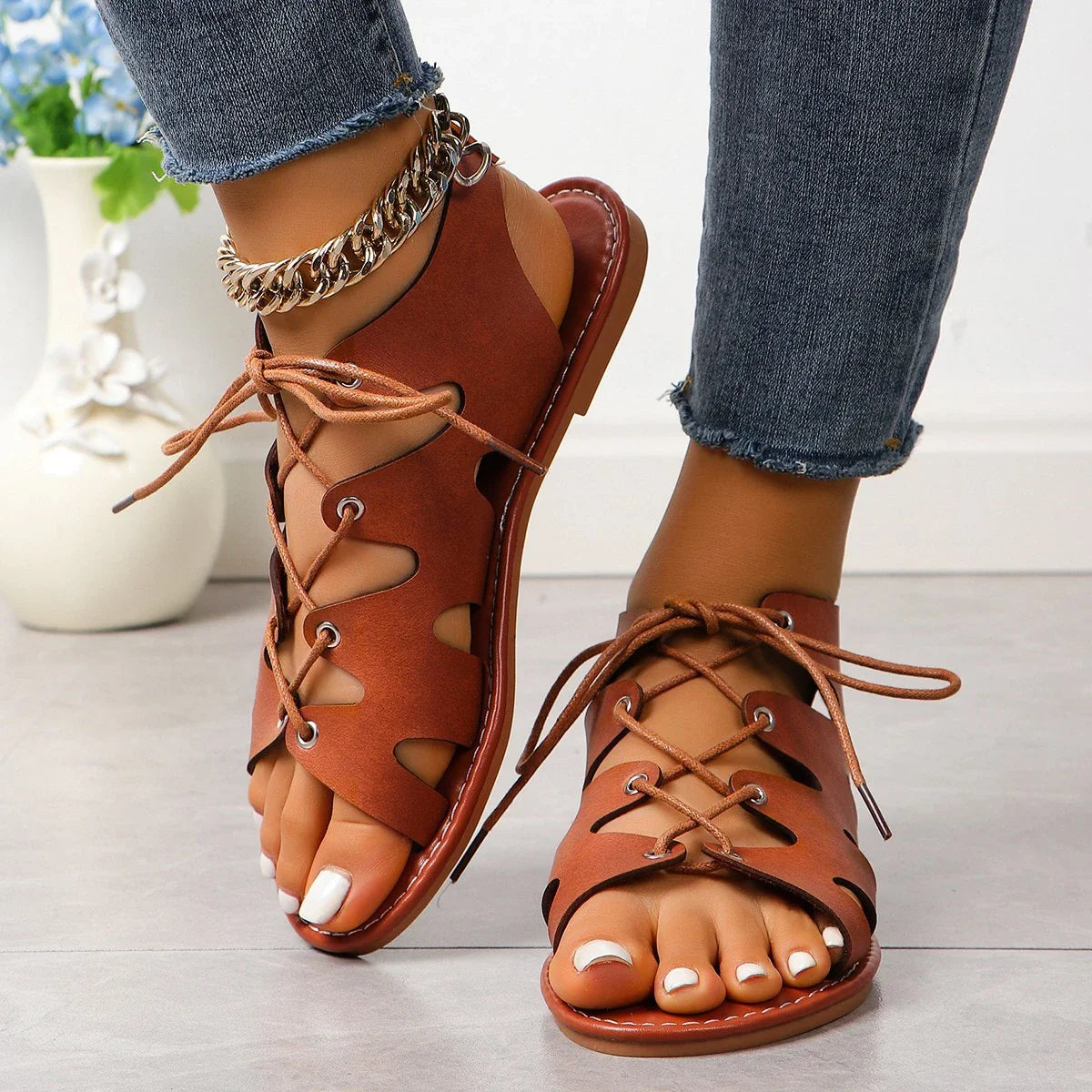 Strappy Fish Mouth Flat Roman Shoes