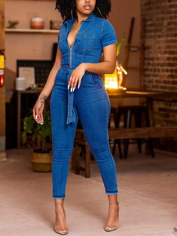 Denim Zipper Belted Jumpsuits