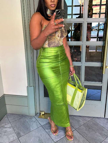 Metallic Zipper Split Skirts