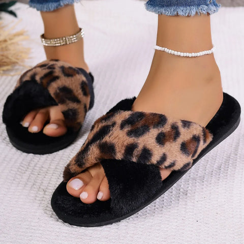 Leopard Print Cross Strap Plush Slippers