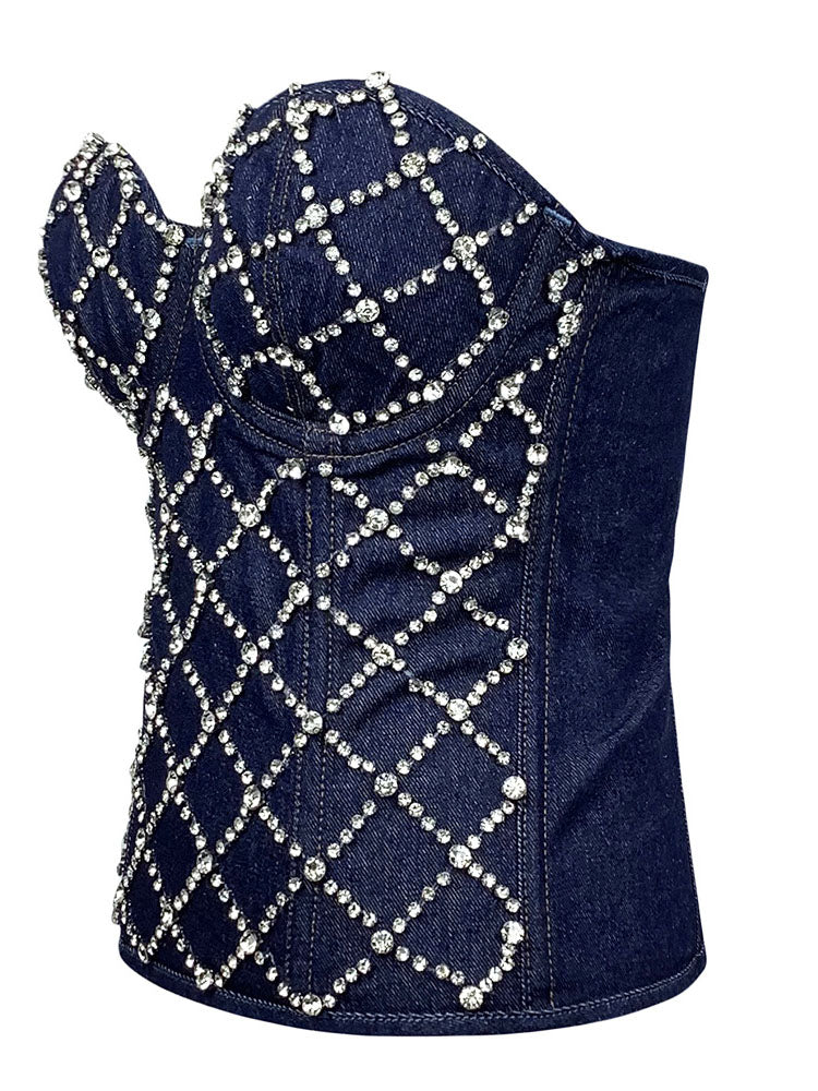 Rhinestone Denim Bustier Tops