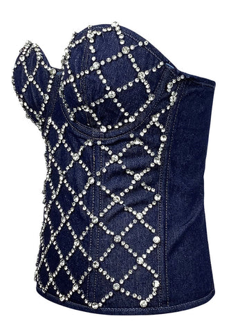 Rhinestone Denim Bustier Tops