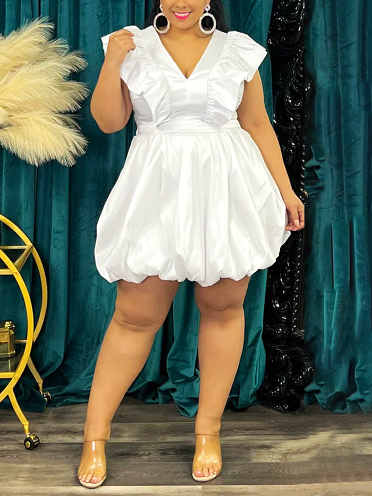 V Neck Ruffle Puff Dresses