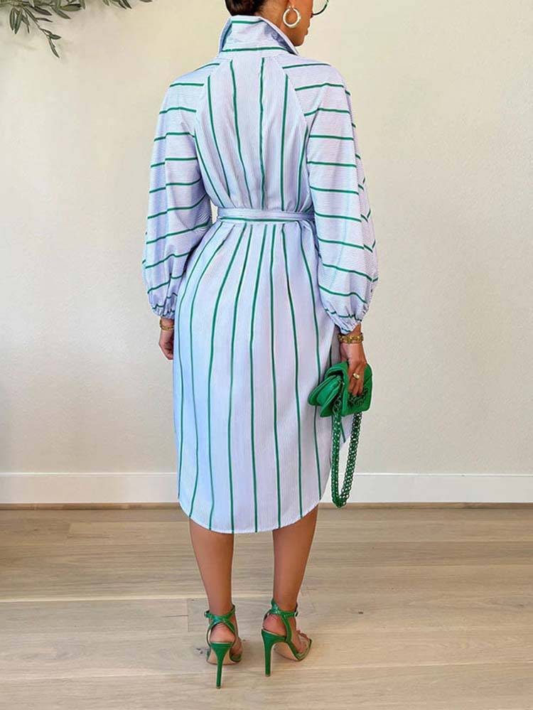 Striped Print Shirt Belted Dresses