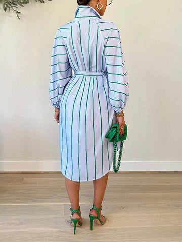 Striped Print Shirt Belted Dresses