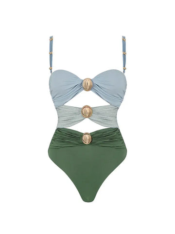 Morandi Green Colorblock High-Waist Swimsuit Set