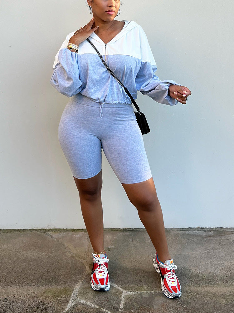 Half Zip Hoodie Biker Shorts Set