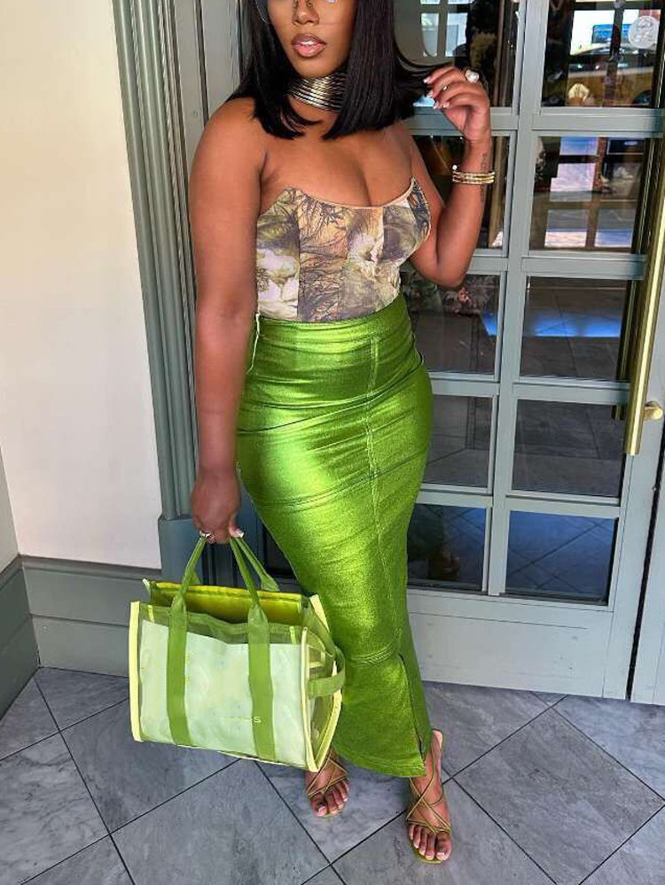 Metallic Zipper Split Skirts