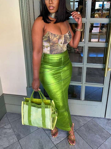 Metallic Zipper Split Skirts