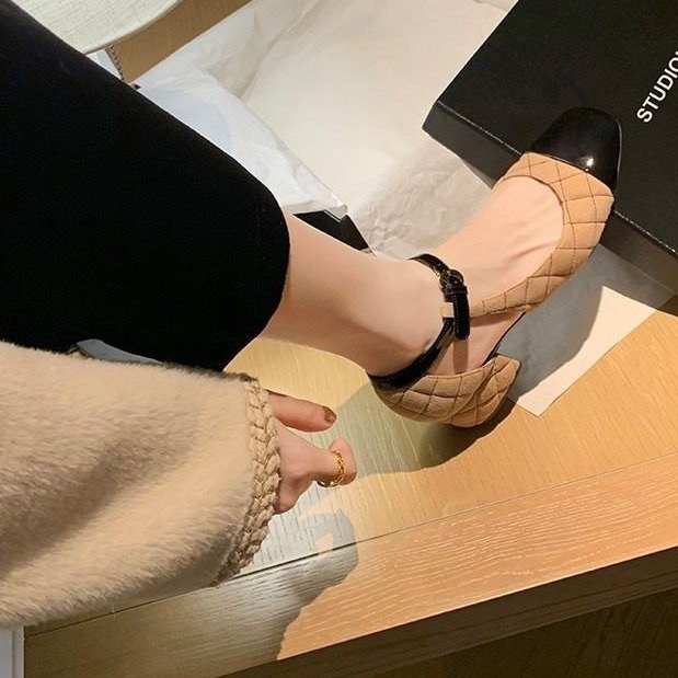 Women's Color-block Rhombic Square Toe Chunky Heel Shoes