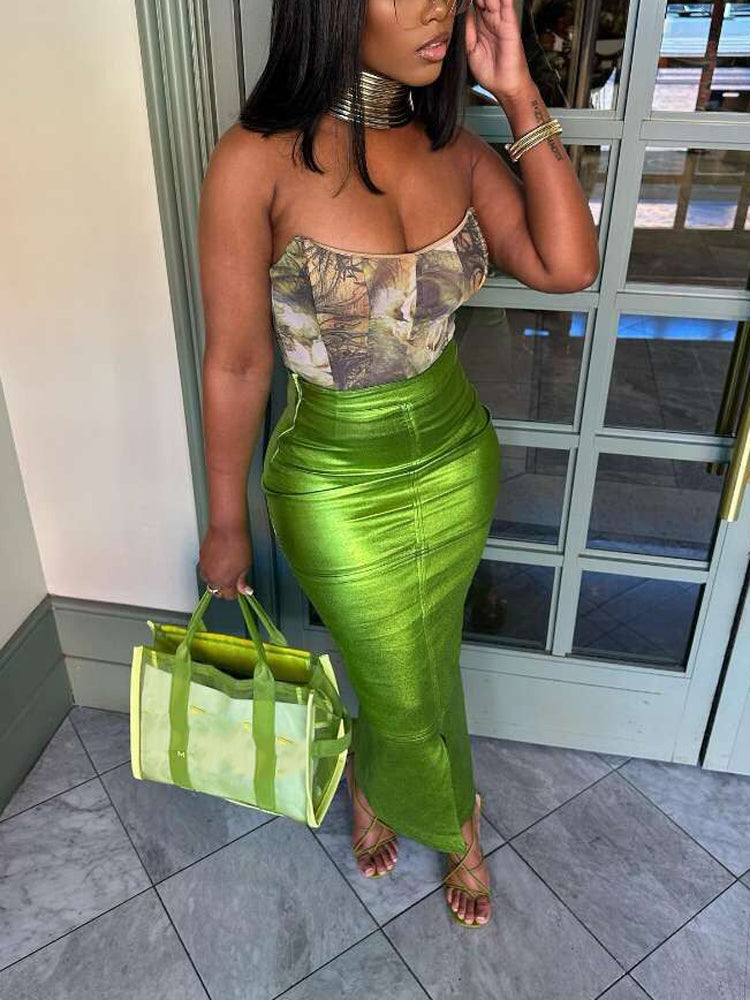 Metallic Zipper Split Skirts