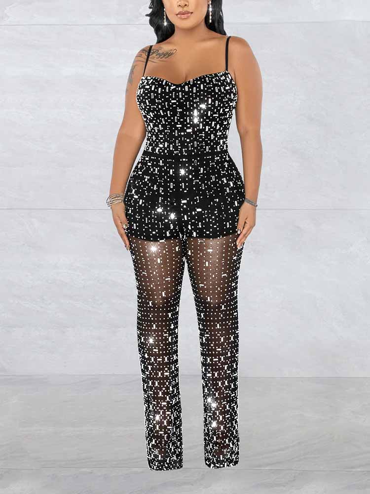 Rhinestone Mesh Jumpsuits