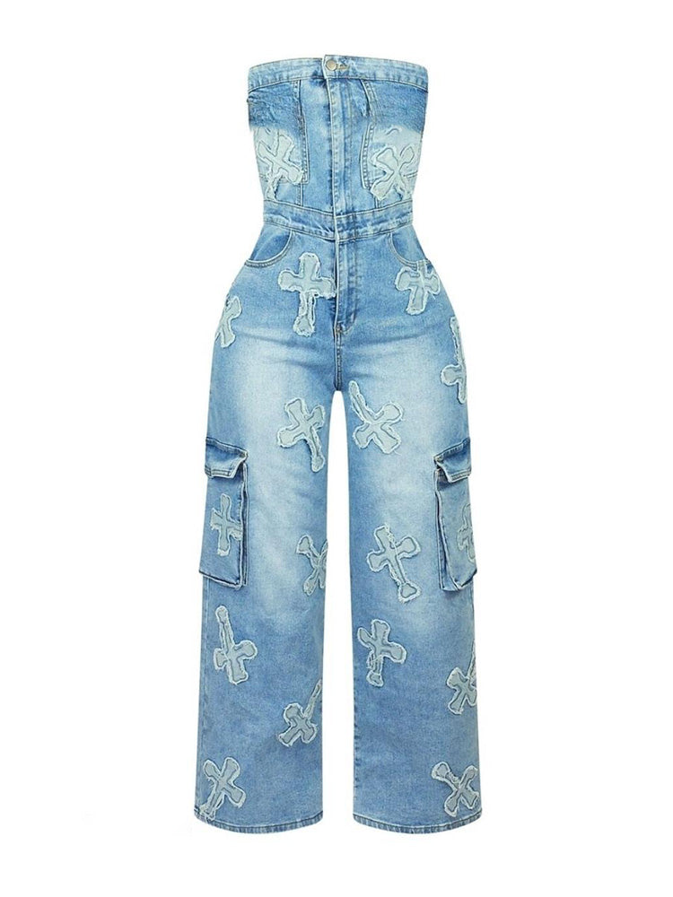 Cross Strapless Denim Jumpsuits